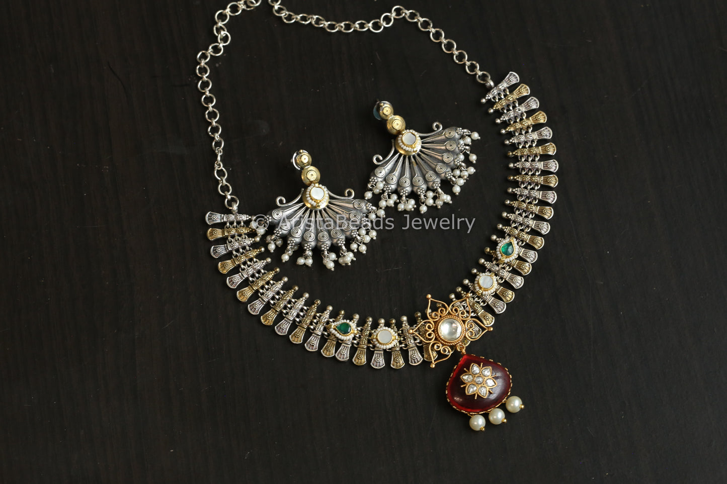 Dual Tone Fusion Kundan Set - Red (ABJ-N101-68)