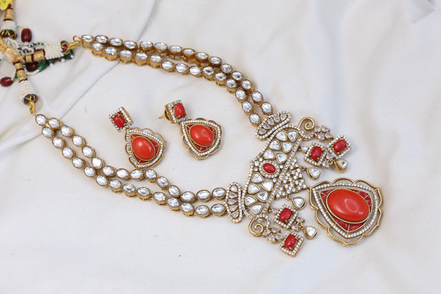 Victorian Moissanite Look Polki & Pota Doublet Set - Coral