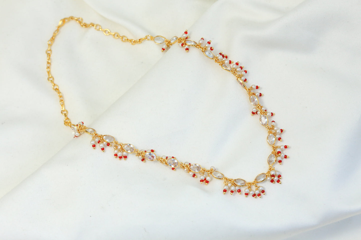 Dainty Clear CZ Polki Necklace - Red