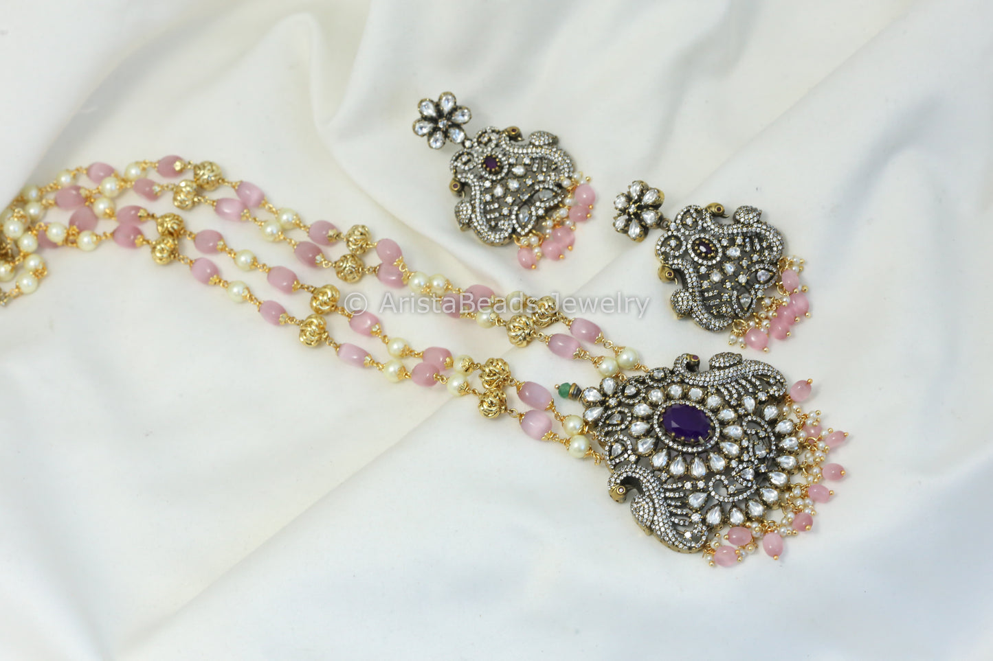 Victorian Finish Kundan & CZ Necklace - Pink