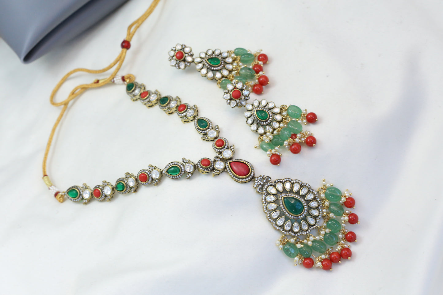 Green Coral Stones & Kundan Polki Necklace Set