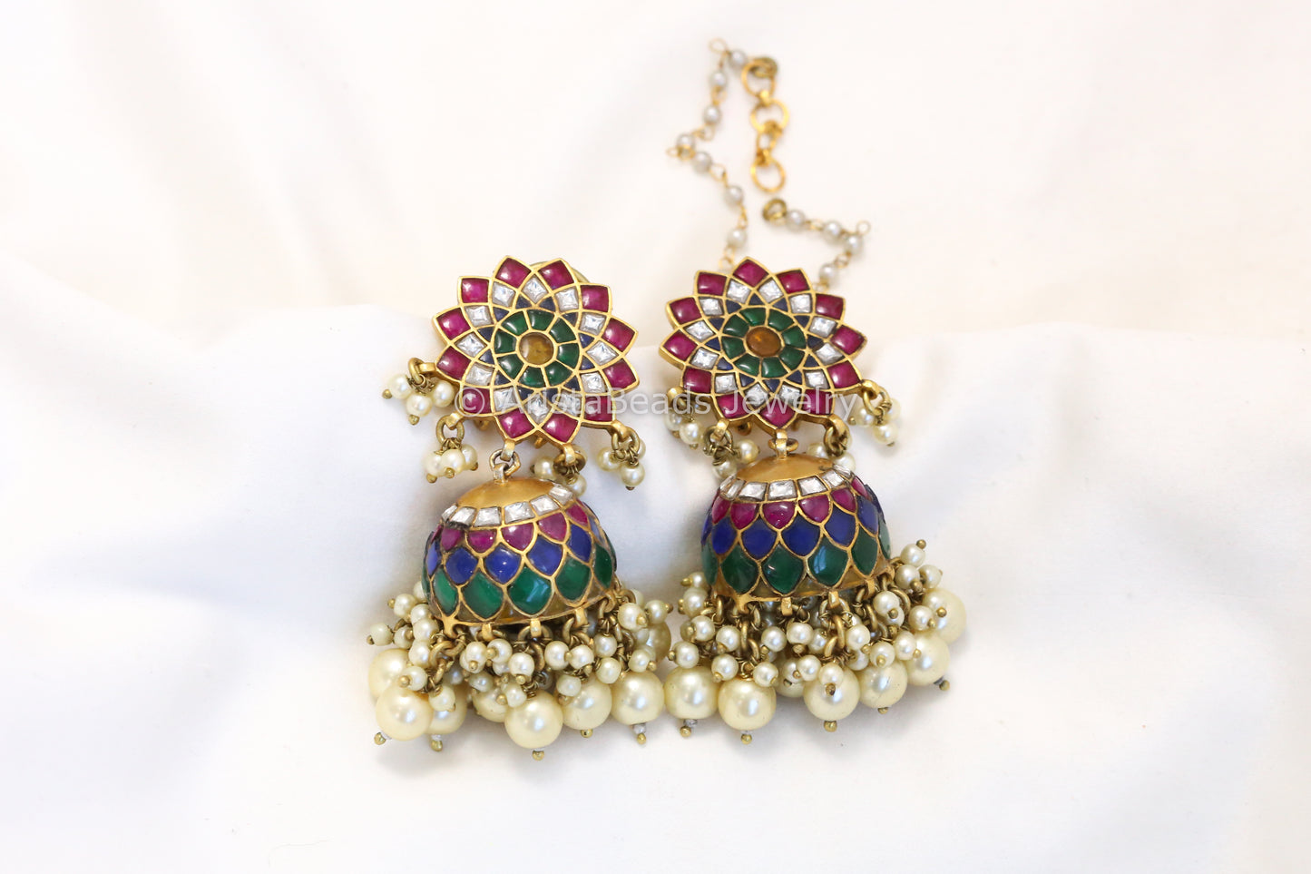 Sahana Antique Gold Jadau Kundan Jhumka - Navratan