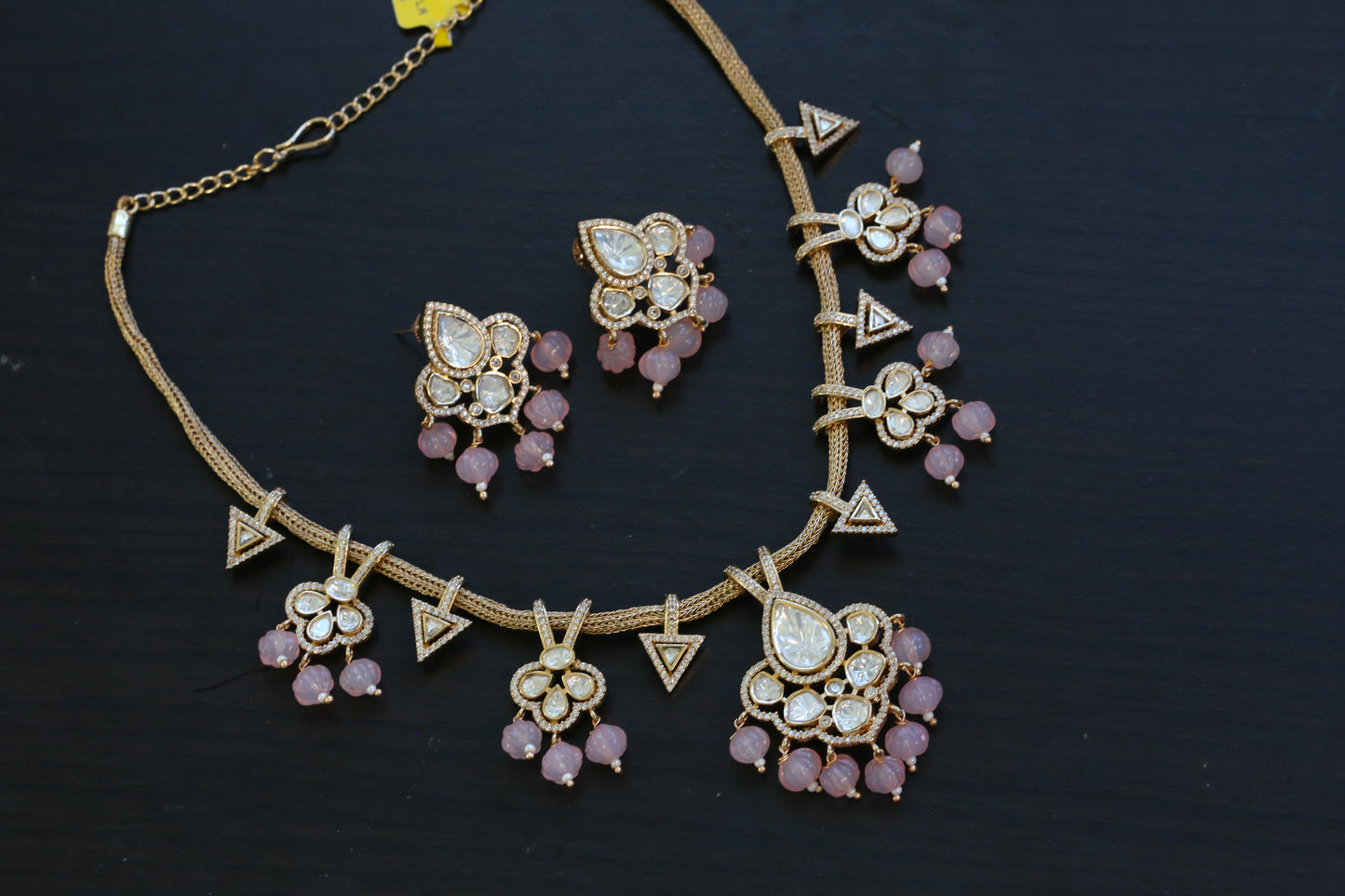 Contemporary Polki Uncut Kundan Set - Pink