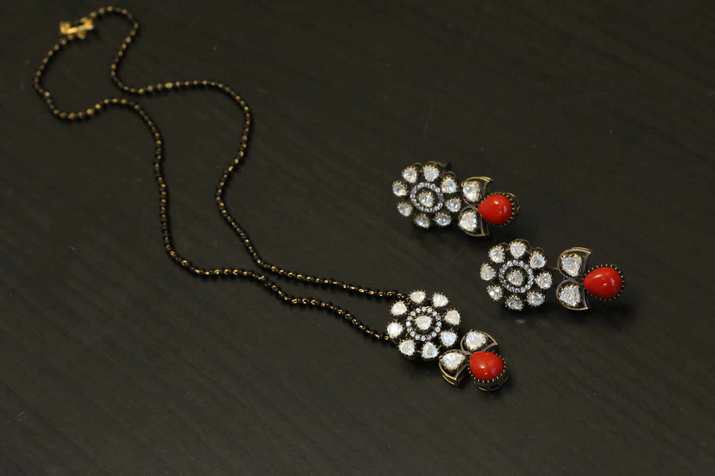 Coral & Moissanite Black Beads Necklace Set
