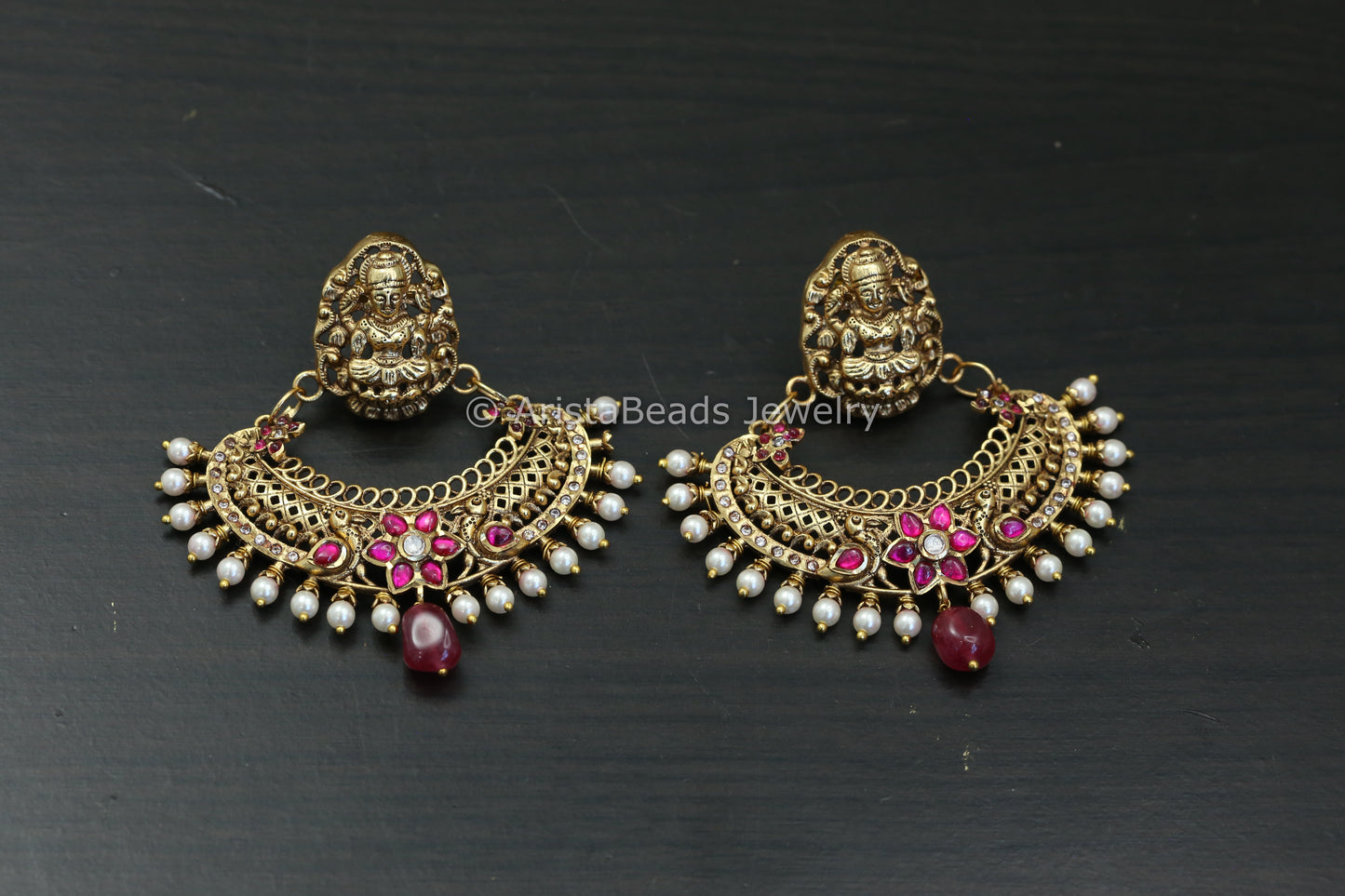 Matt Gold Antique Temple Chandbaali - Ruby