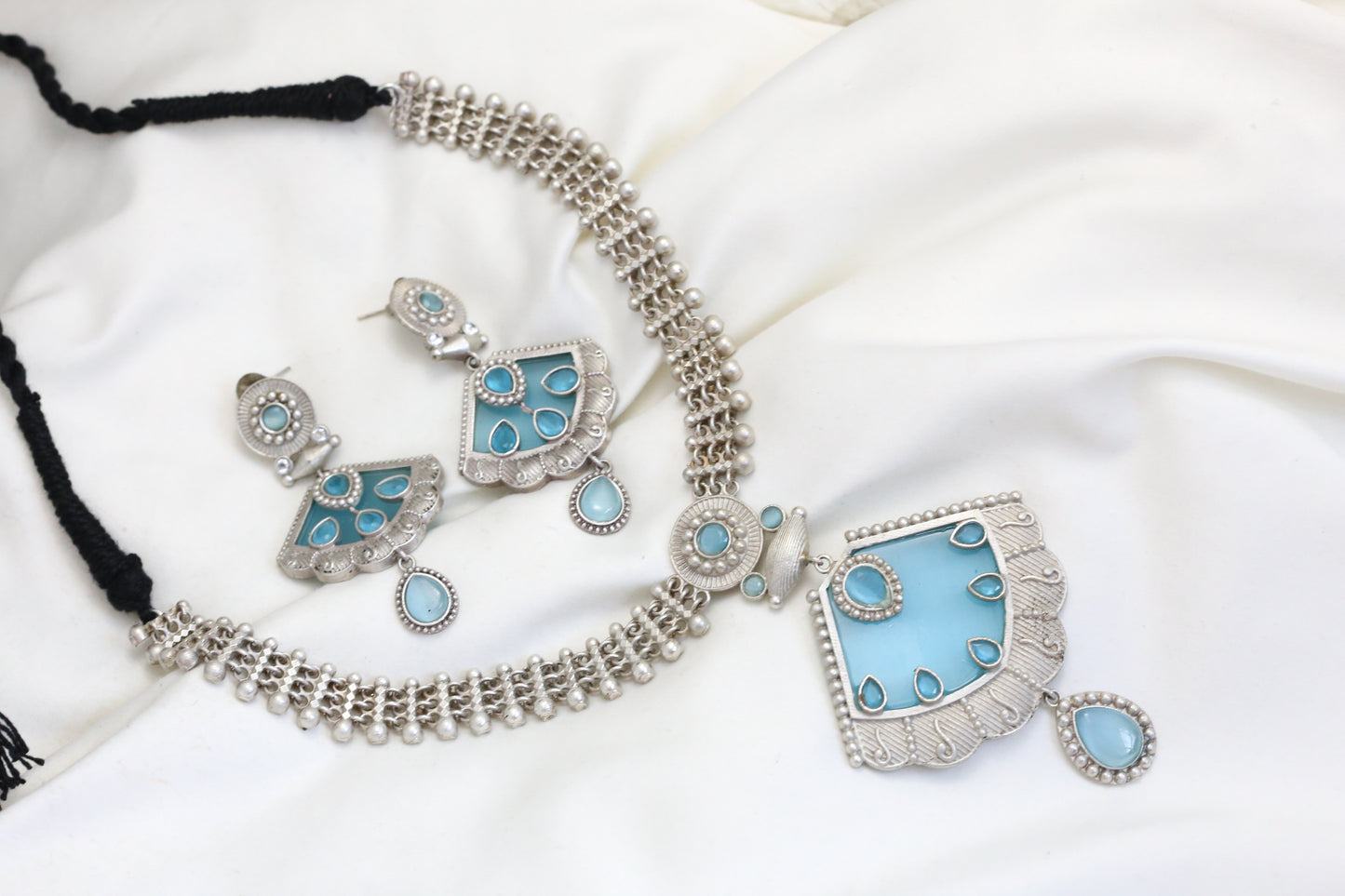 Silver Look Necklace Set - Sky blue