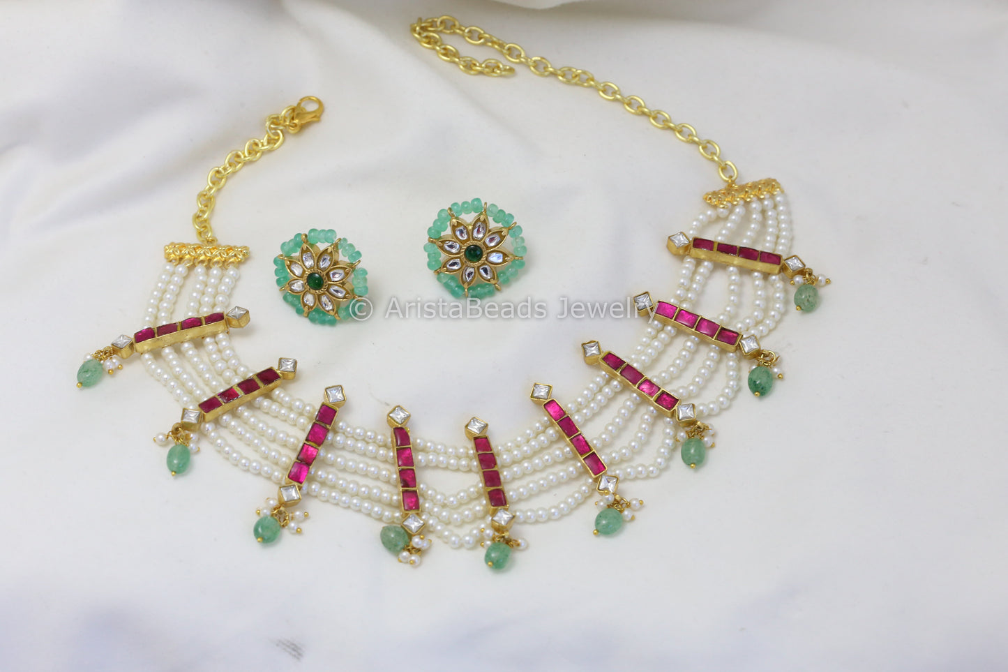 Kundan Jadau Pearl Necklace Set - Ruby Green