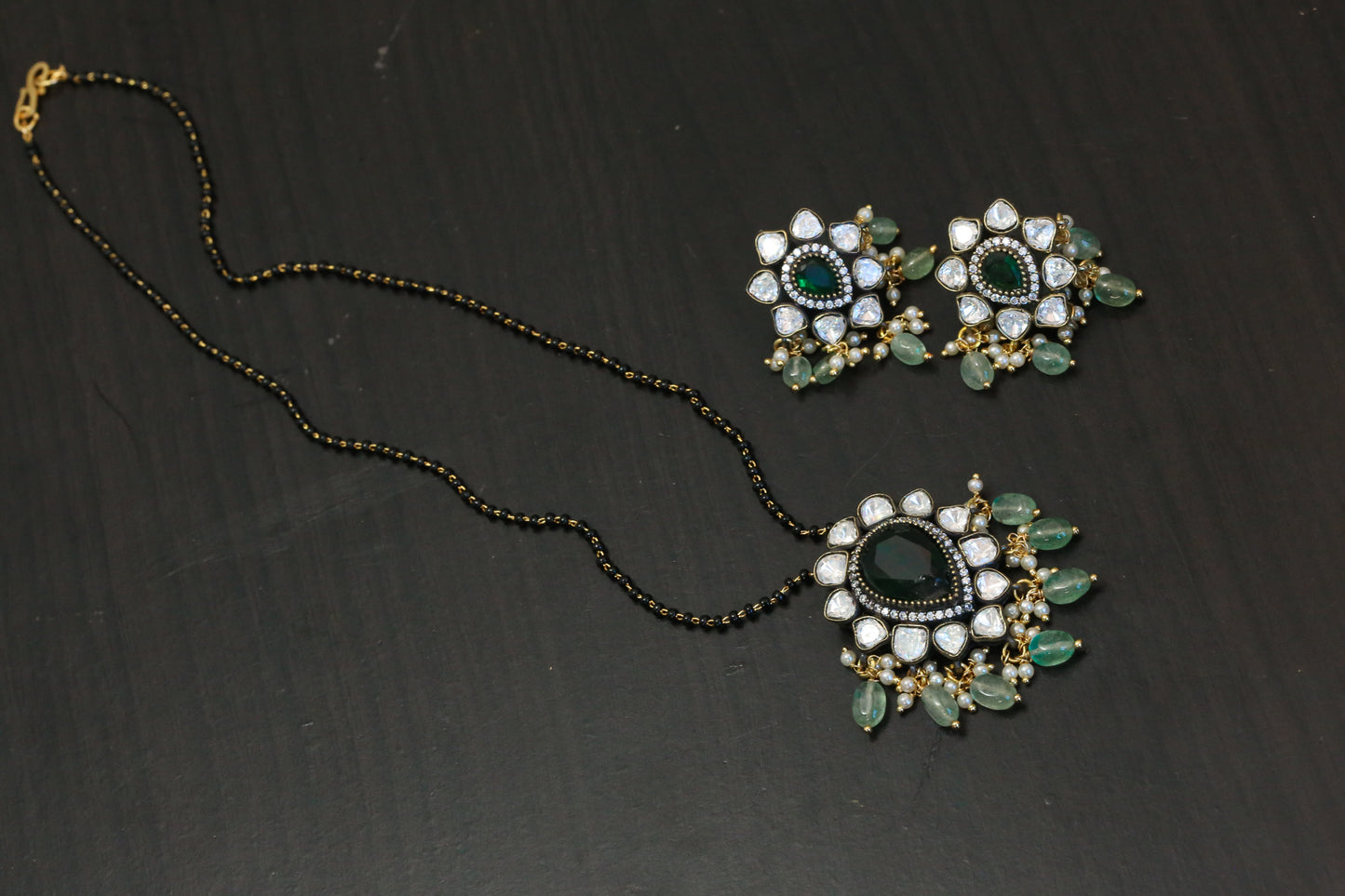 Victorian Moissanite Polki Black Beads Set - Green