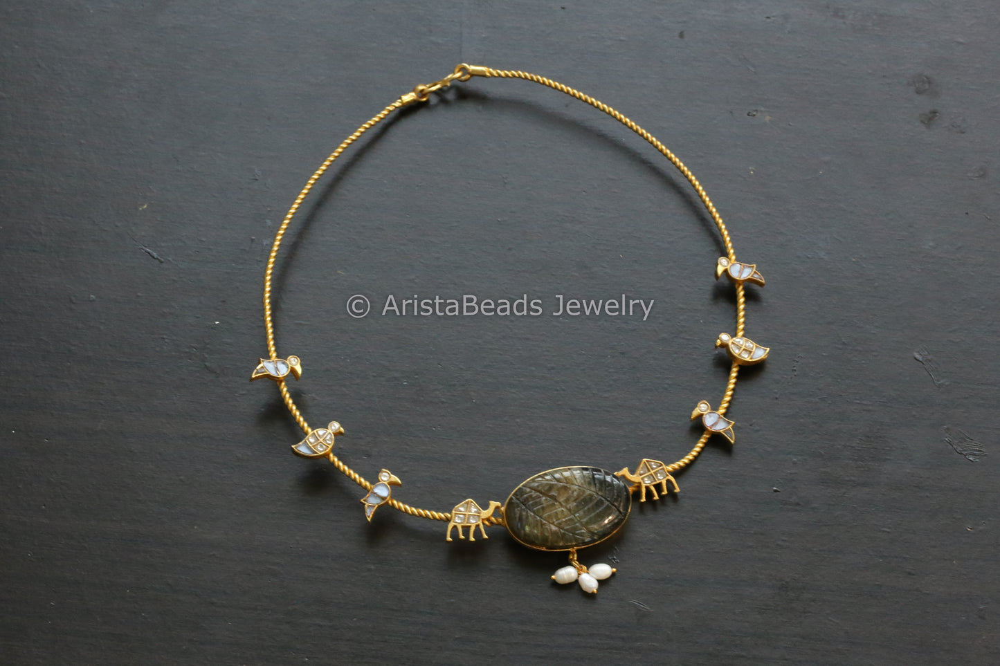 Dainty MOP & Kundan Fusion Hasli -Labradorite