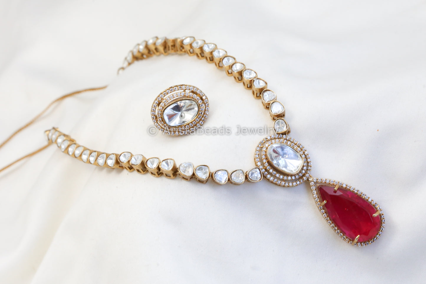Uncut Kundan Polki Doublet Necklace Set - Red