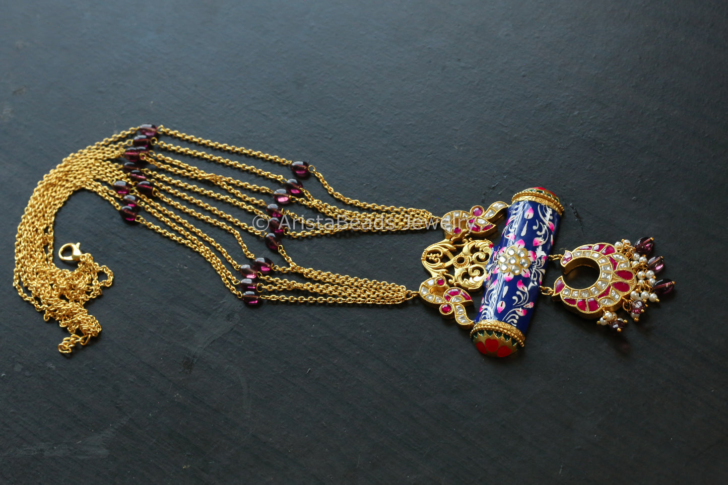 Jadau Kundan Meenakali Tabeez Necklace - Ruby  & Blue