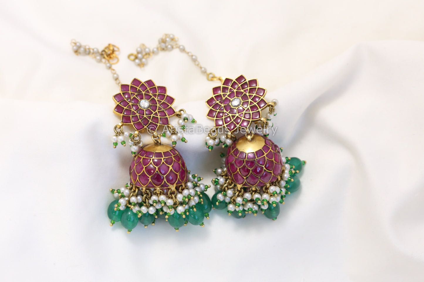 Sahana Antique Gold Jadau Kundan Jhumka - Ruby