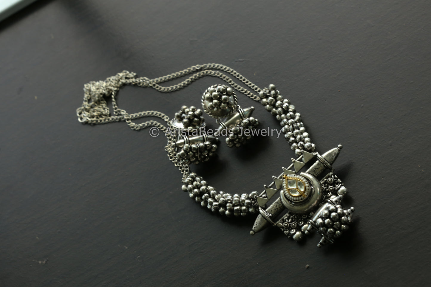 Oxidized Ghungroo Kundan Motif Set - Clear