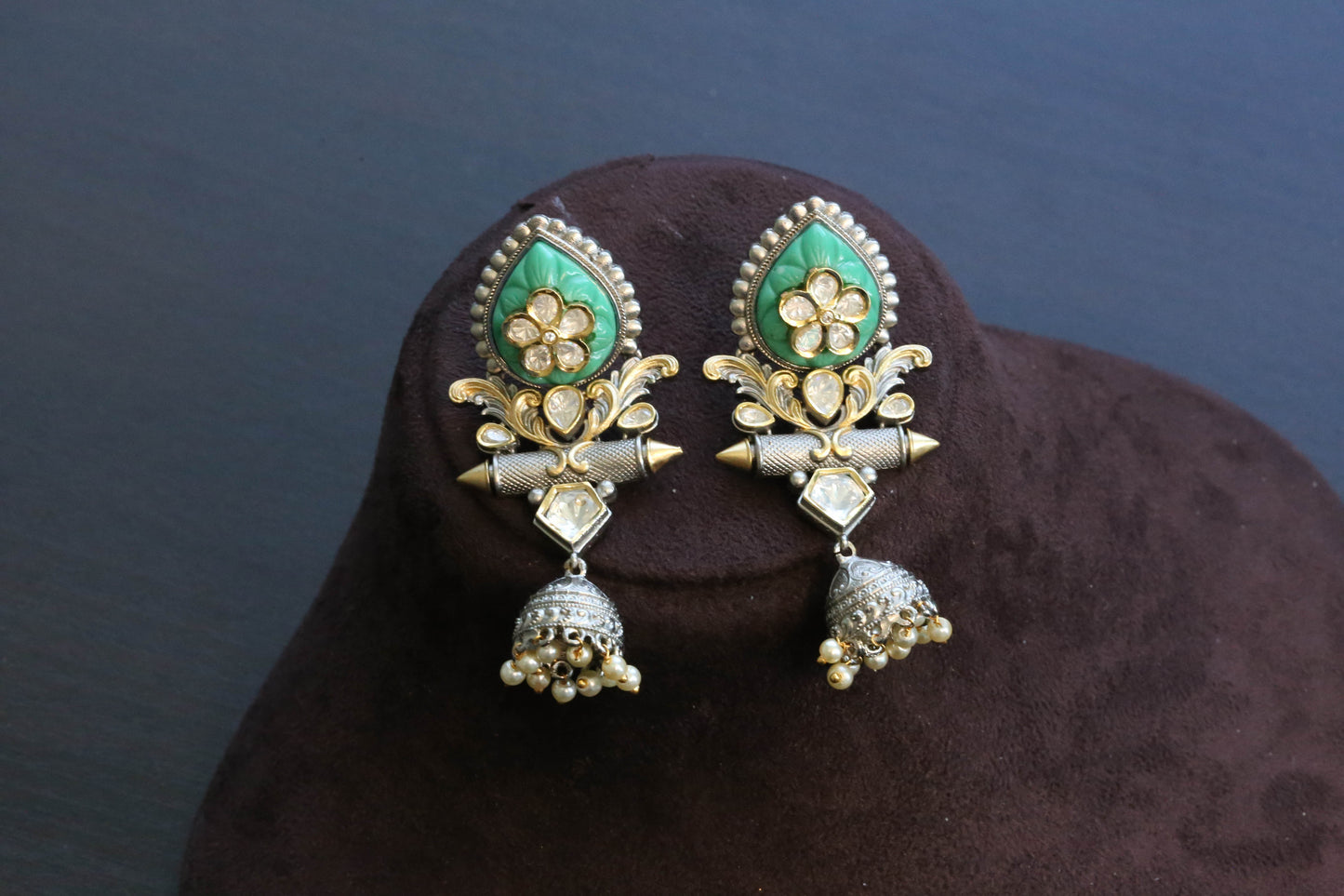 Rubab Dual Tone Carved Stone Jhumka - Blue (101-45)