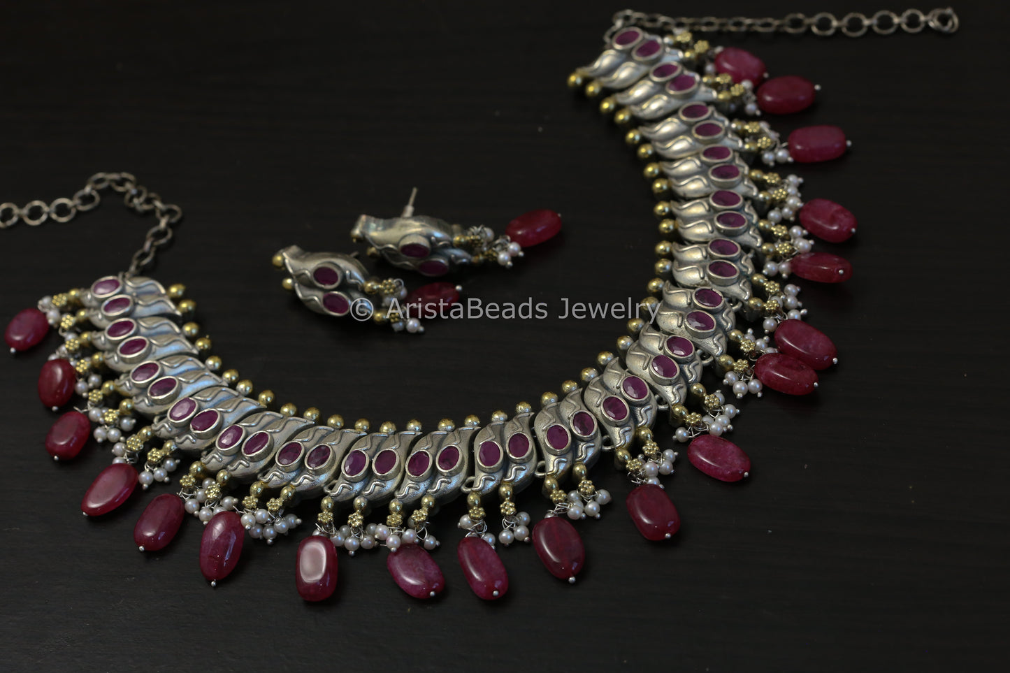 Sutlara Look Alike Dual Tone Necklace Set - Ruby