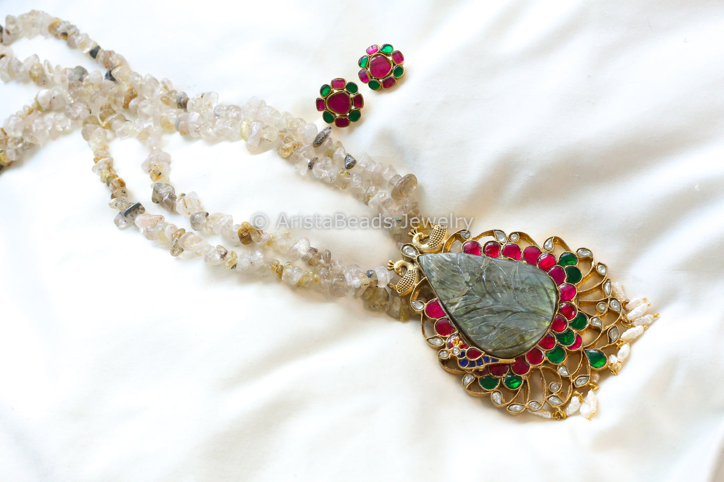 Sunehri Carved Labradorite & Kundan Necklace (102-12)