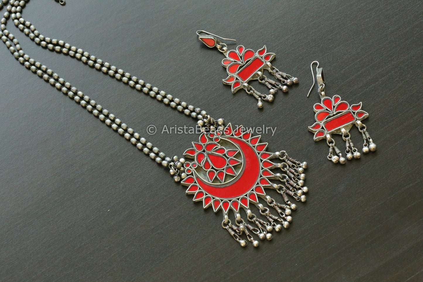 Red Real Glass Oxidized Necklace Set (T102-11)