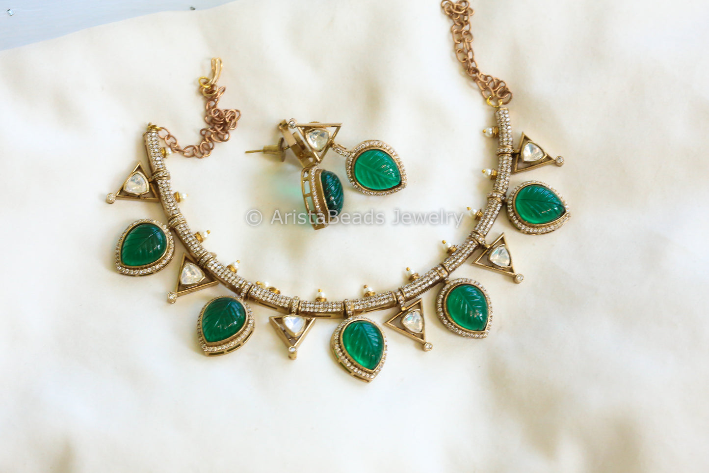 Carved Green Doublet & Moissanite Polki Set (102-27)