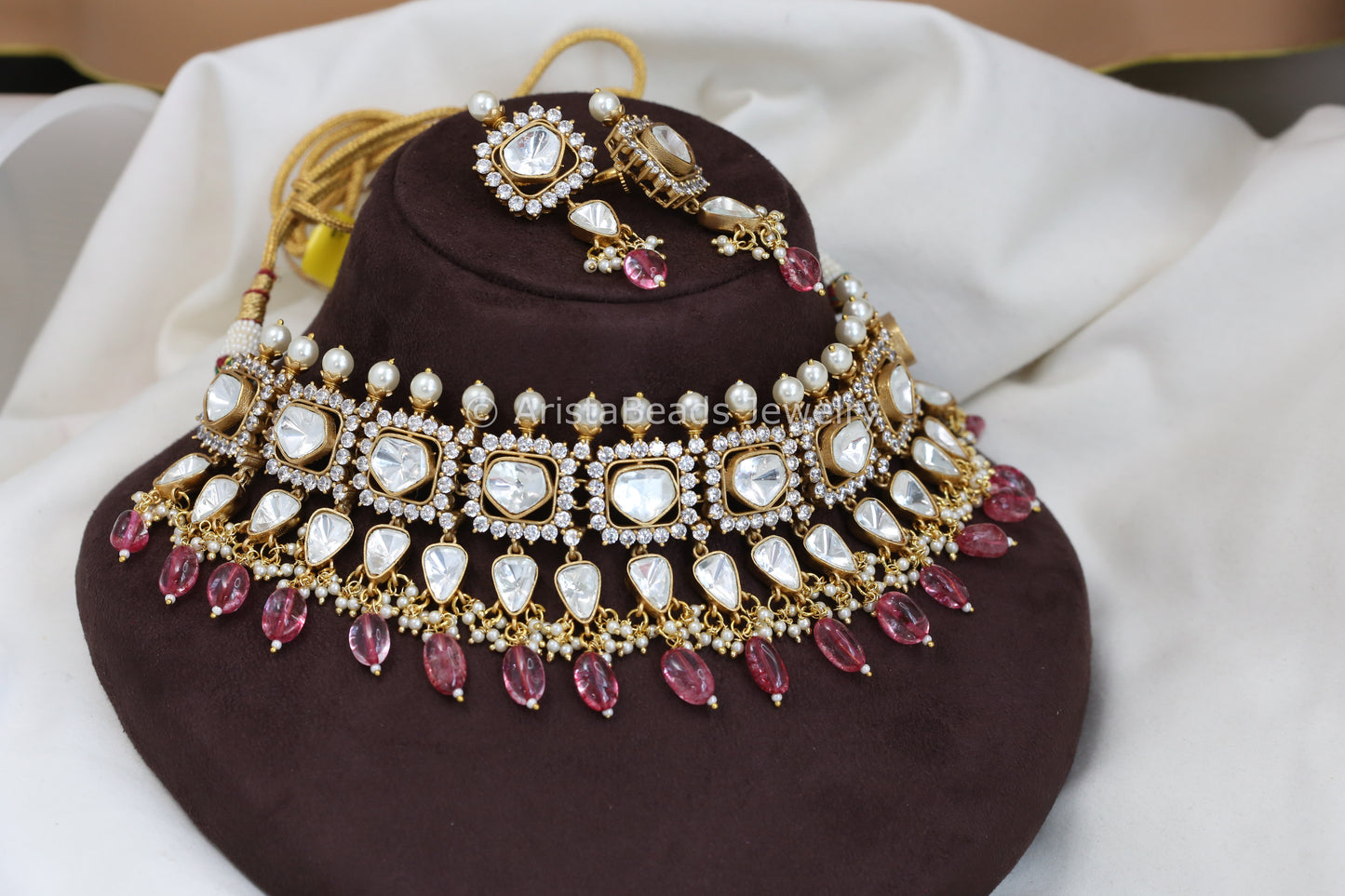 Uncut Kundan Polki Set - Pink Gemstone Drops