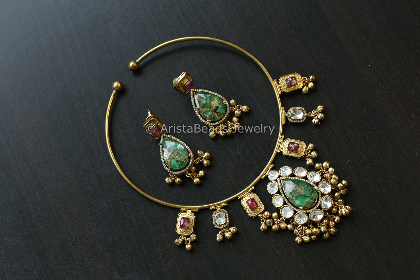 Premium Mosaic Doublet & Uncut Kundan Hasli Set (103-23)