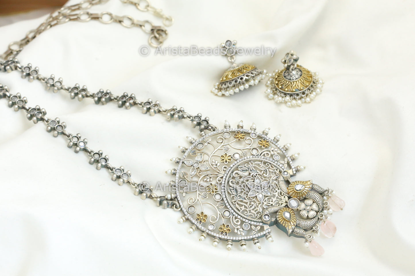 Swati Dual Tone Long Necklace Set - Clear