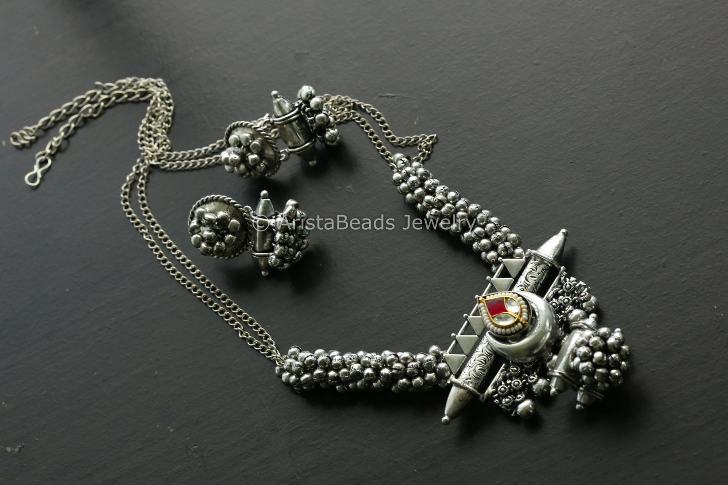 Oxidized Ghungroo Kundan Motif Set - Ruby