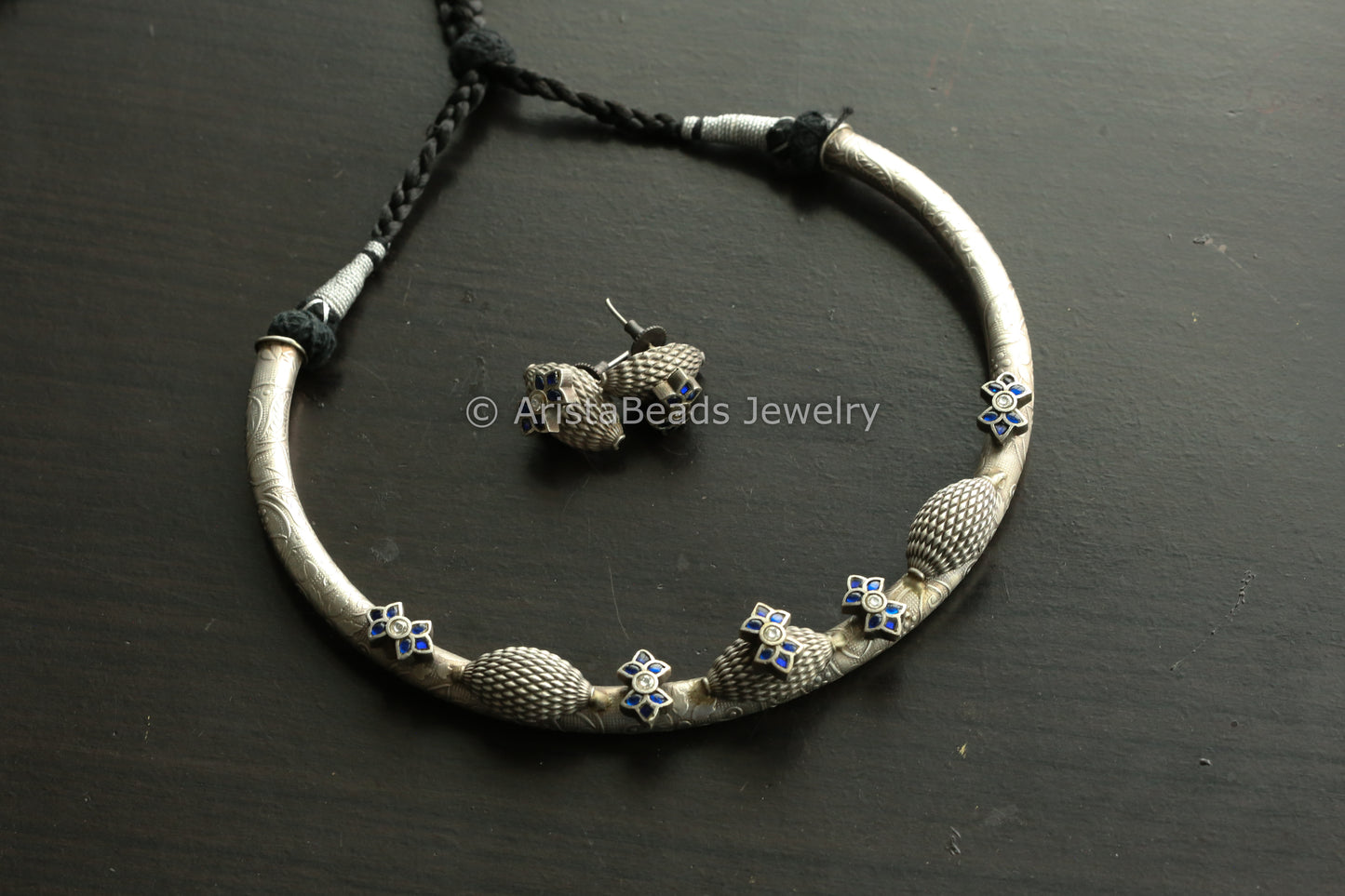 Jadau Silve Finish Hasli Set - Blue