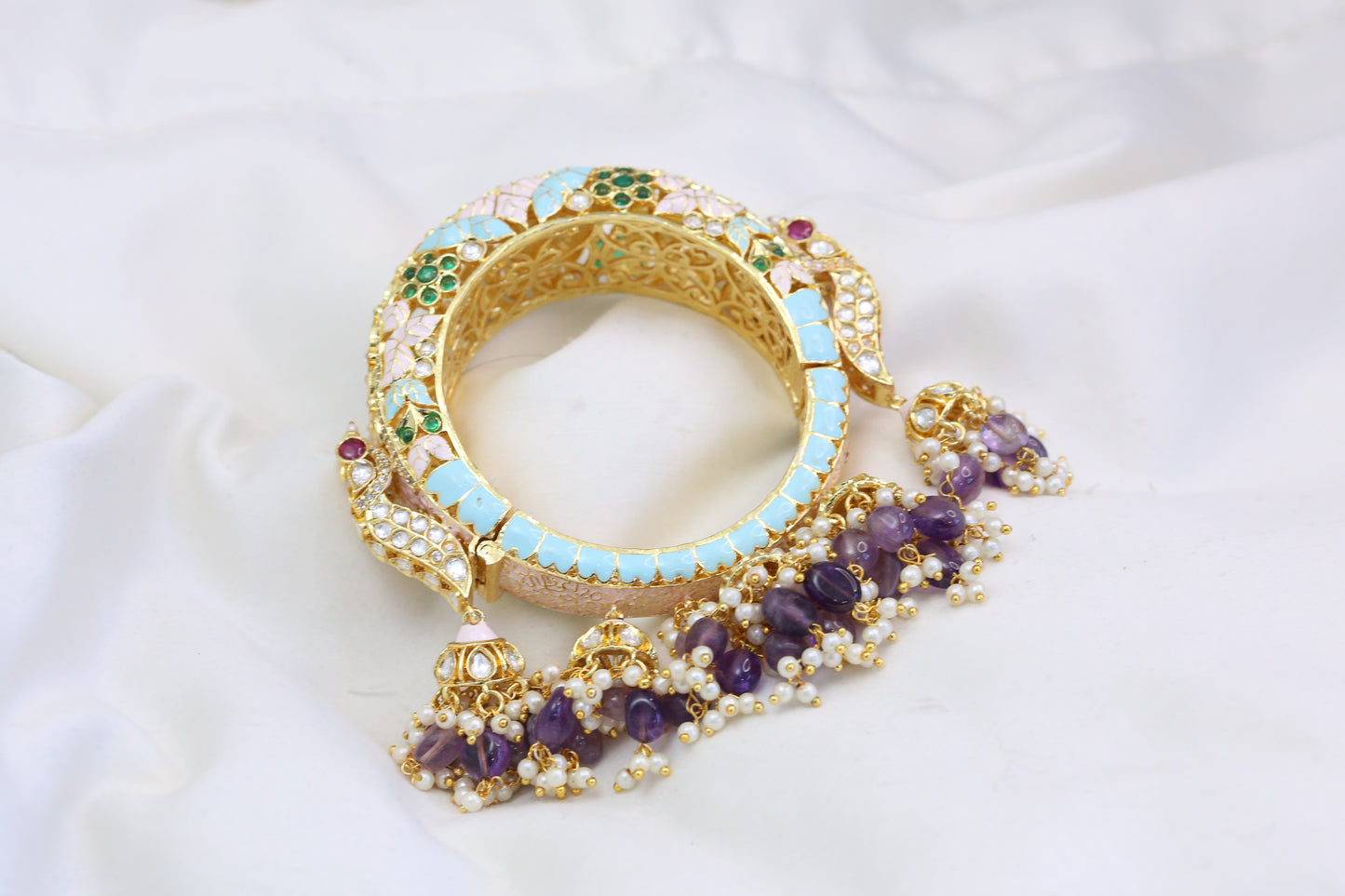 Uncut Kundan Enamel Jhumka Bangle - Blue (B101-19)