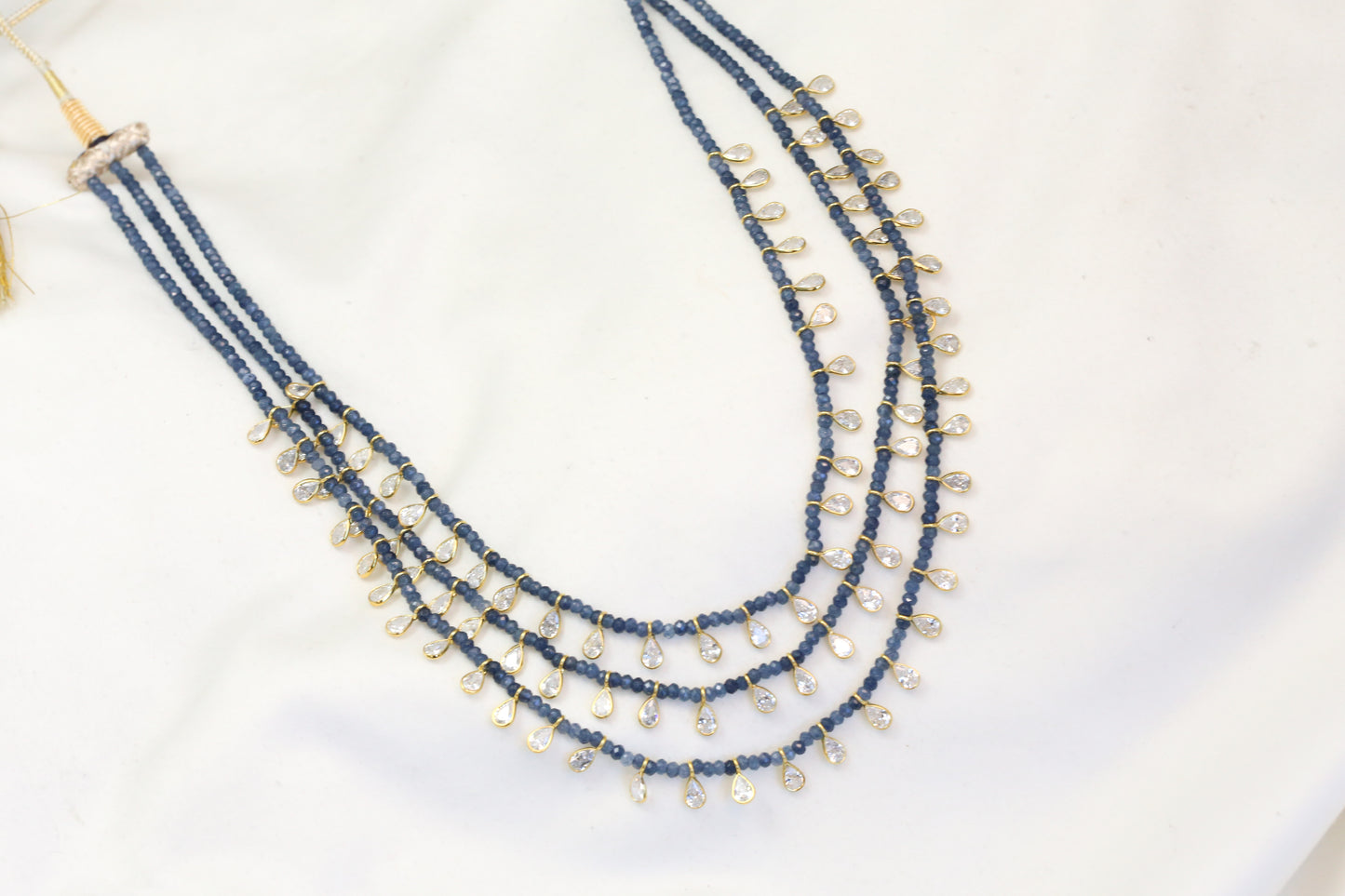 3 Strand CZ Polki & Semiprecious Beaded Necklace -Blue
