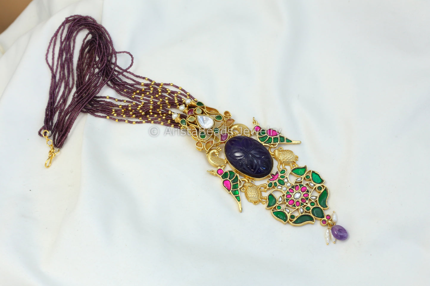 Handmade Silver Replica Jadau Necklace - Amethyst