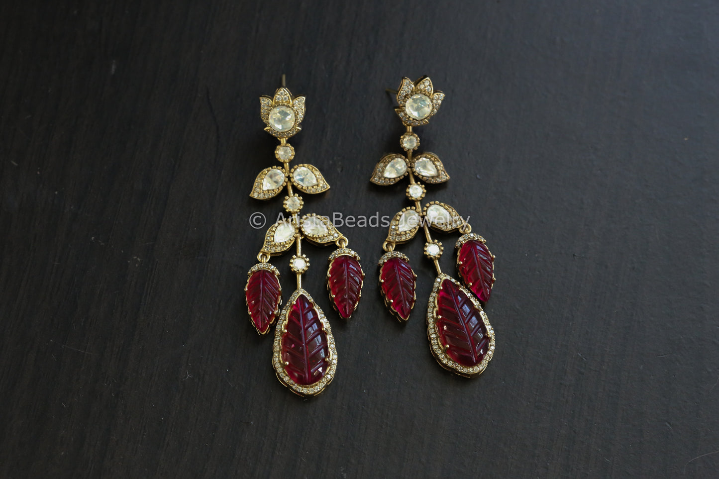 Carved Red Doublet & Polki earrings (E101-04)