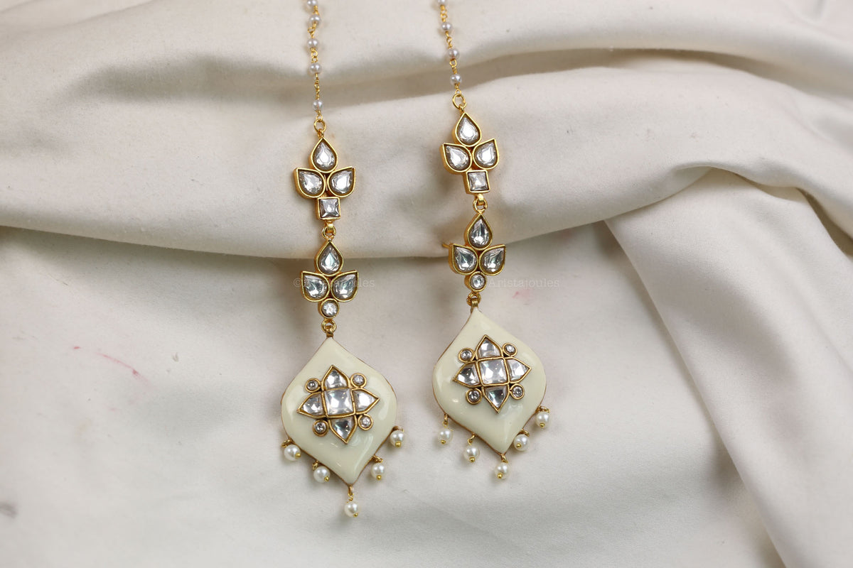 Deepa Enamel Jadau Kundan Earrings - Ivory