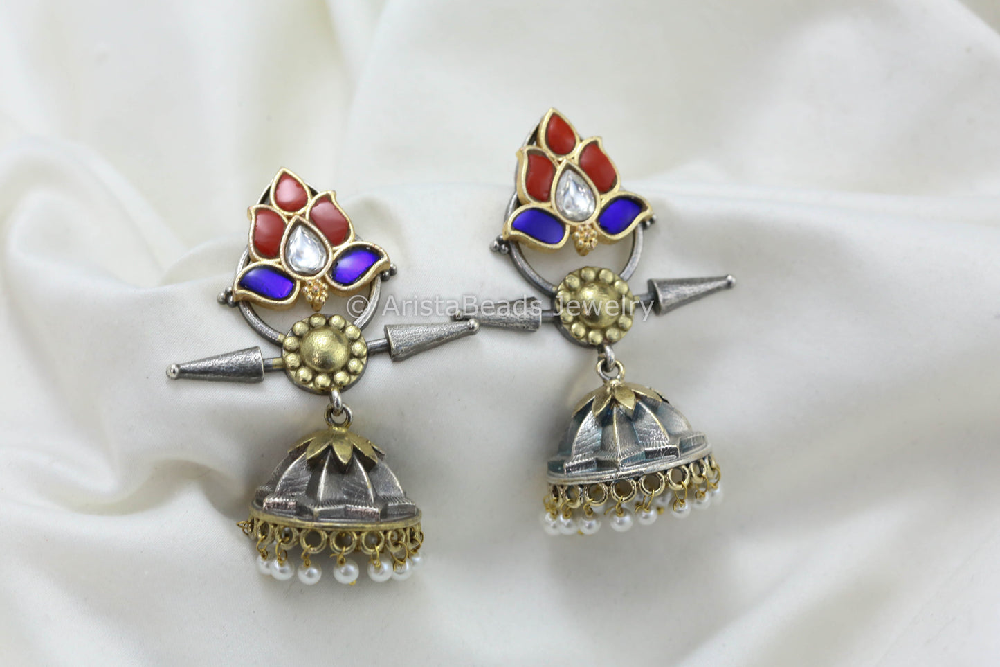 Jadau Kundan Silver Look Fusion Jhumka - Coral Blue