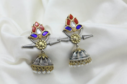 Jadau Kundan Silver Look Fusion Jhumka - Coral Blue