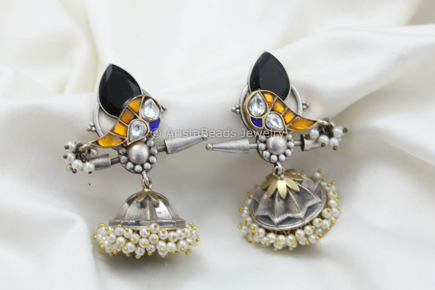 Jadau Kundan Silver Replica Fusion Jhumka -Black Yellow