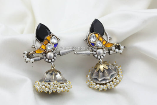 Jadau Kundan Silver Replica Fusion Jhumka -Black Yellow