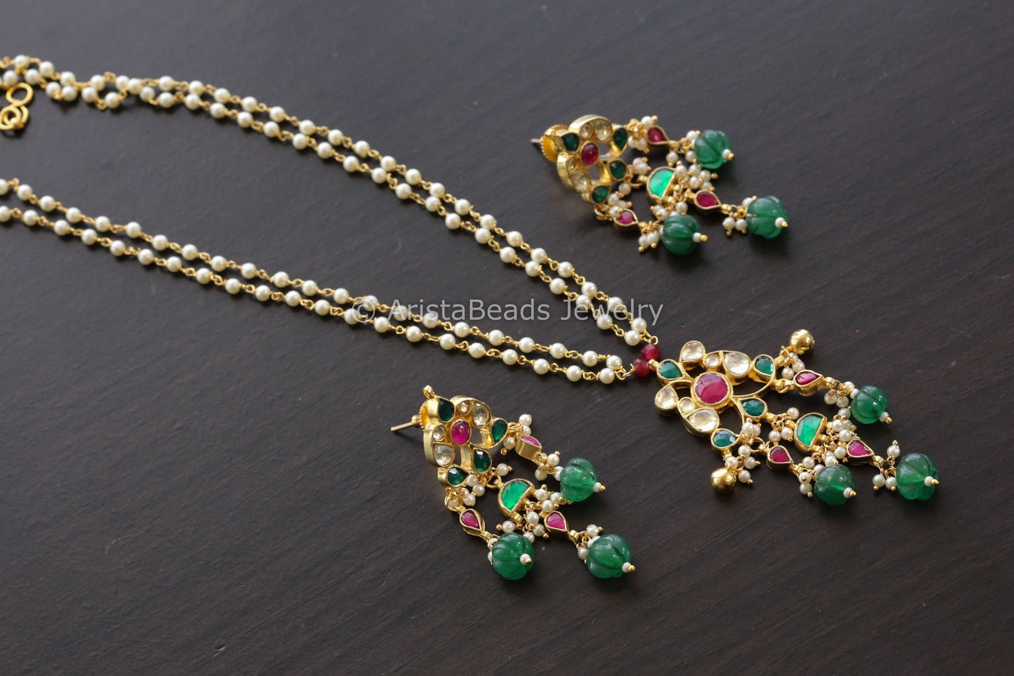 Dainty Pachi Kundan Pendant Set With Melon Drops