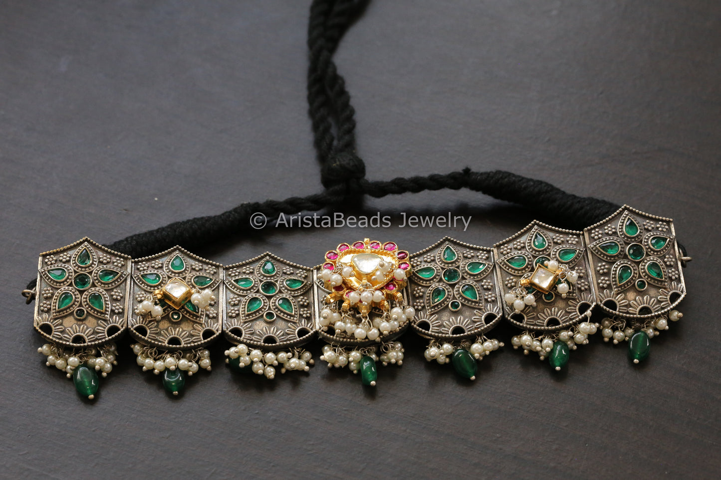 Ruby Pachi Motif Green Oxidized Choker