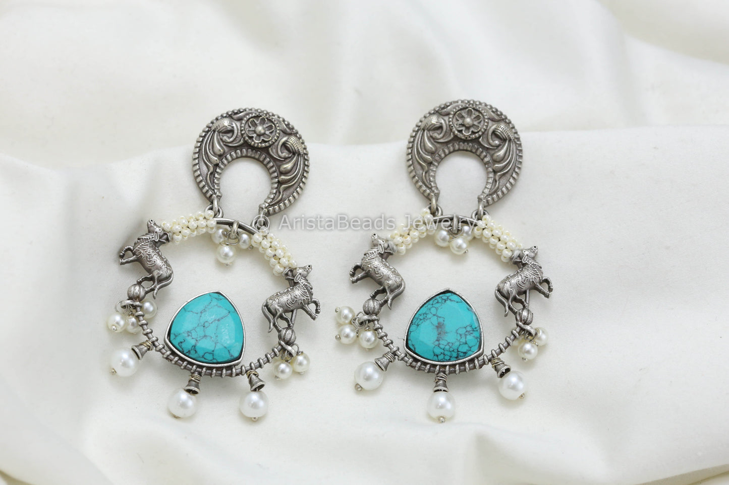 Silver Look Chandbaali - Turquoise