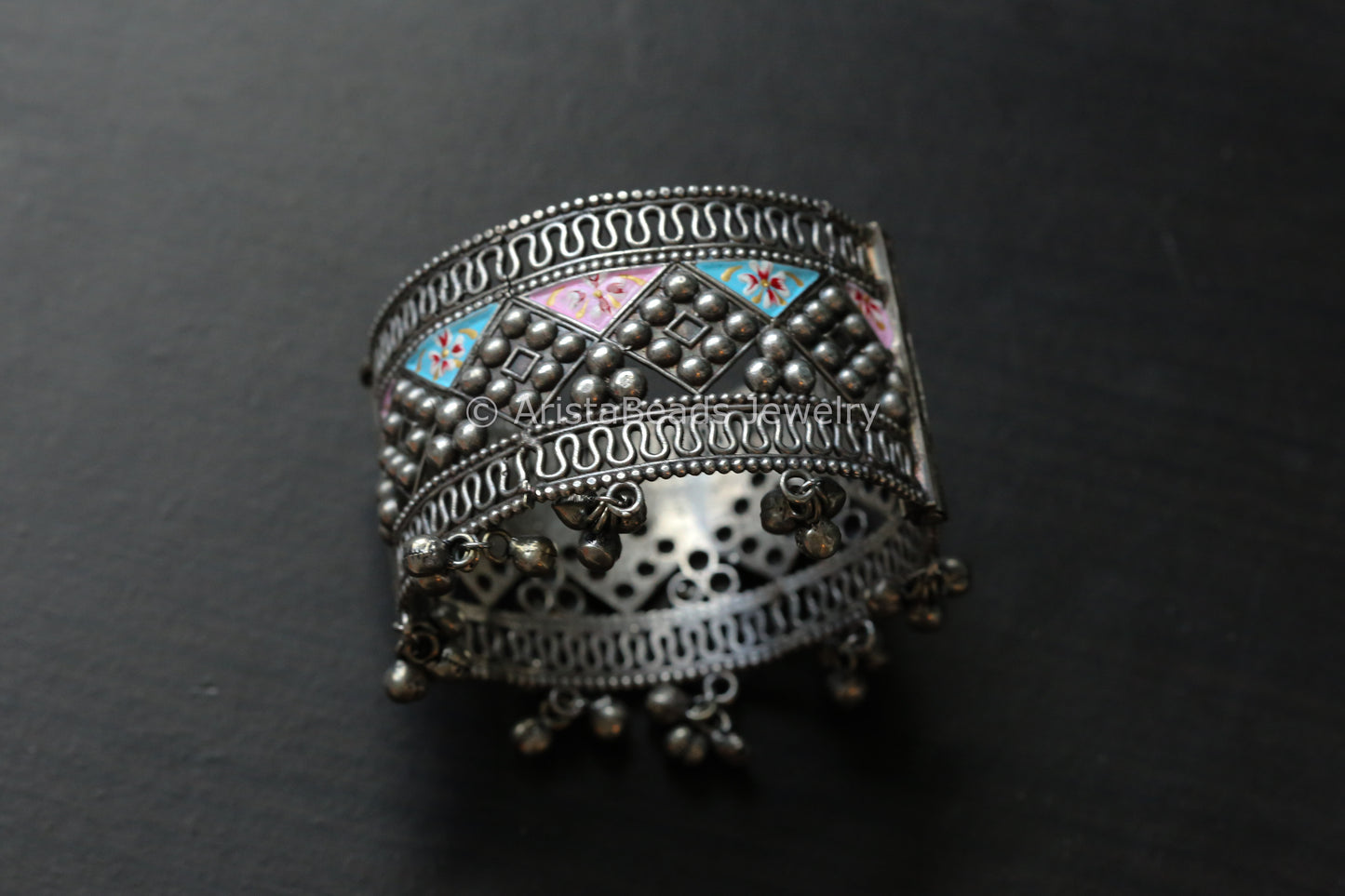 Wide Silver Look Oxidized Enamel Bangle
