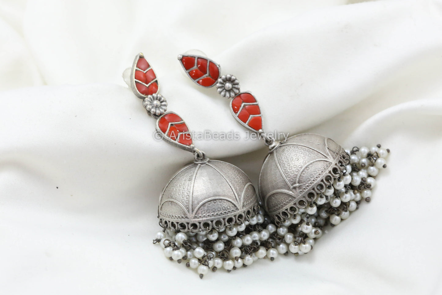 Long Jadau Kundan Silver Fusion Jhumka - Coral