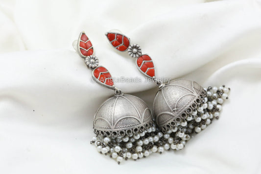 Long Jadau Kundan Silver Fusion Jhumka - Coral