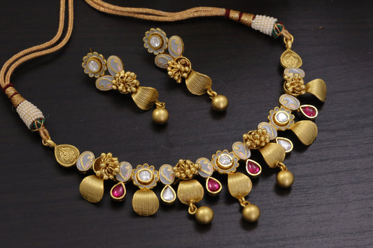 Kundan Polki Enamel Ghungroo Necklace Set - Gray