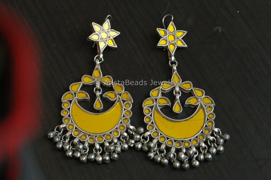 Large Real Glass Chandbaali - Yelllow