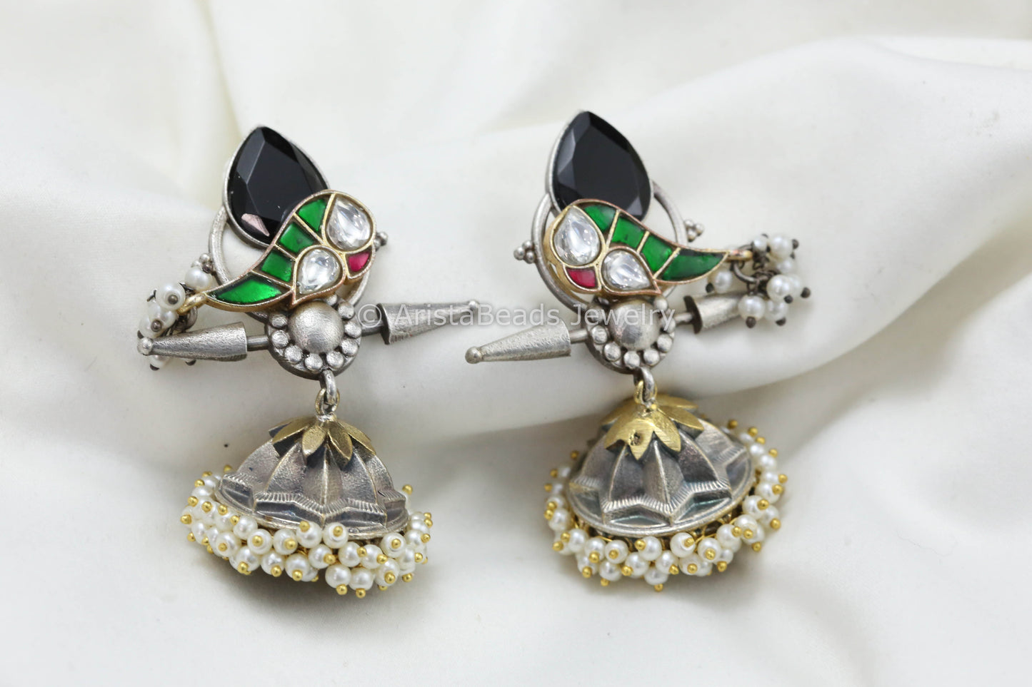 Jadau Kundan Silver Replica Fusion Jhumka - Black Green