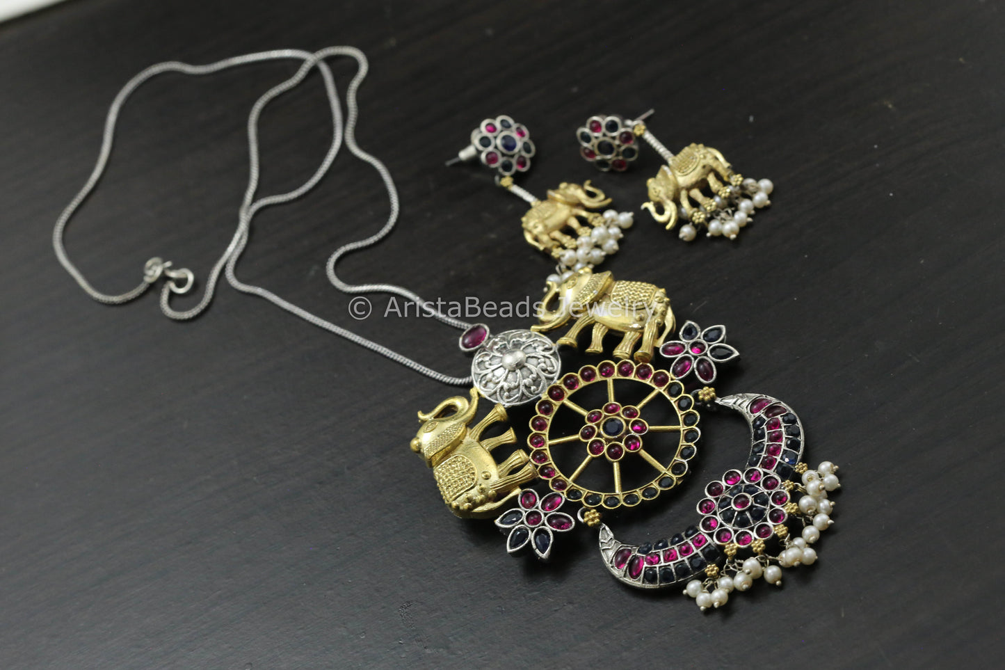 Dual Tone Silver Replica Necklace - Ruby Black
