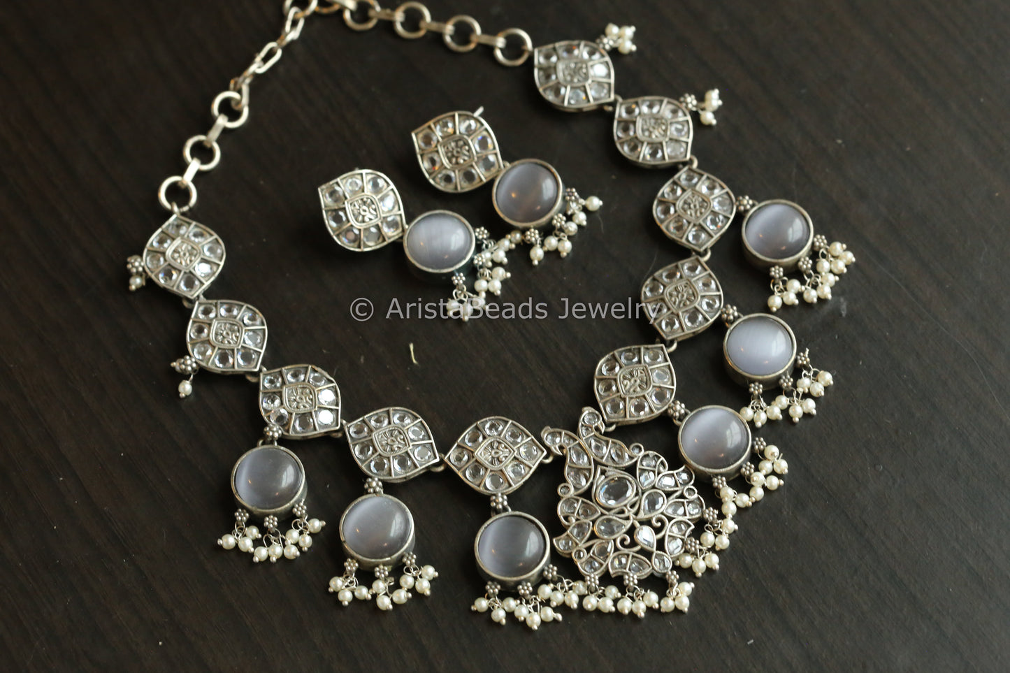 Monalisa Stones & CZ Oxidized Necklace Set - Gray