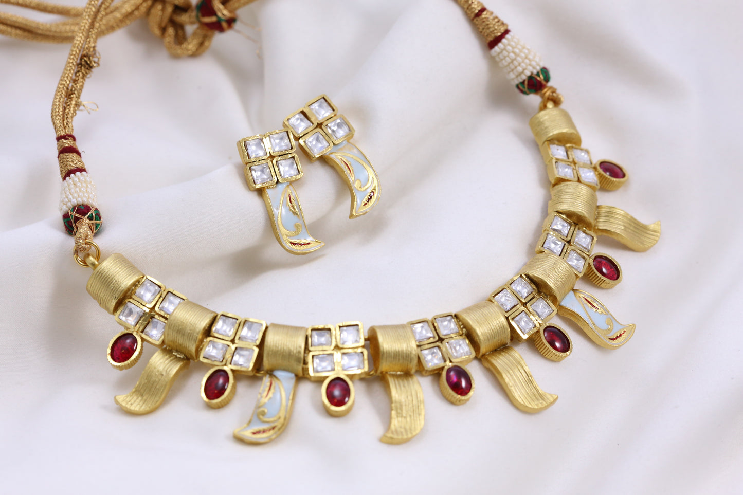 Kundan Polki Enamel Claw Necklace Set - Sky Blue