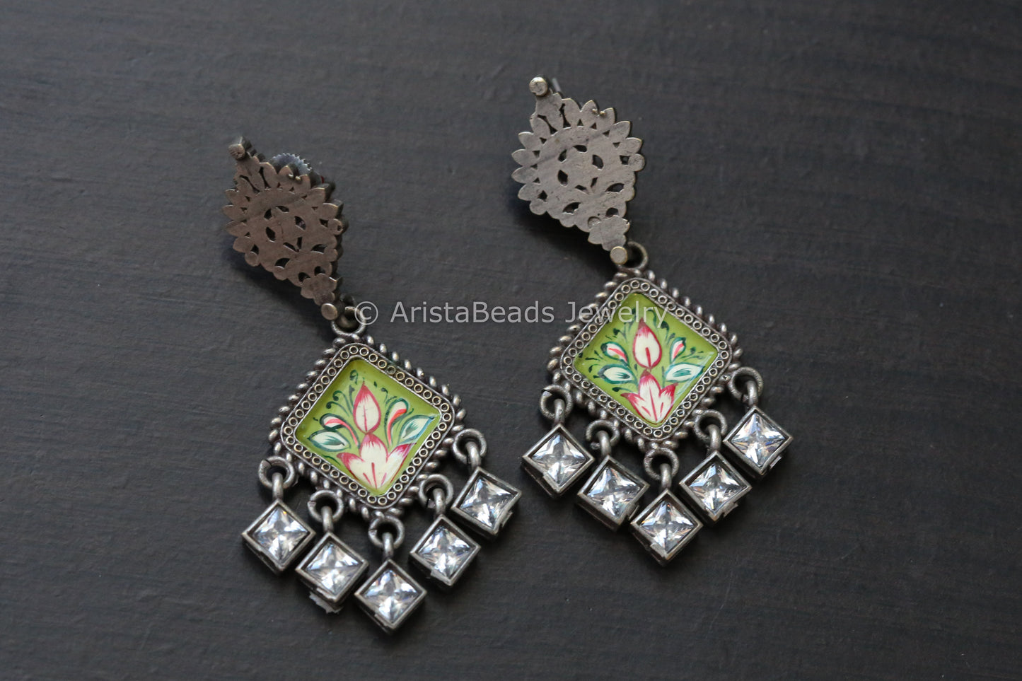 Hand Enamel Earrings - Parrot Green