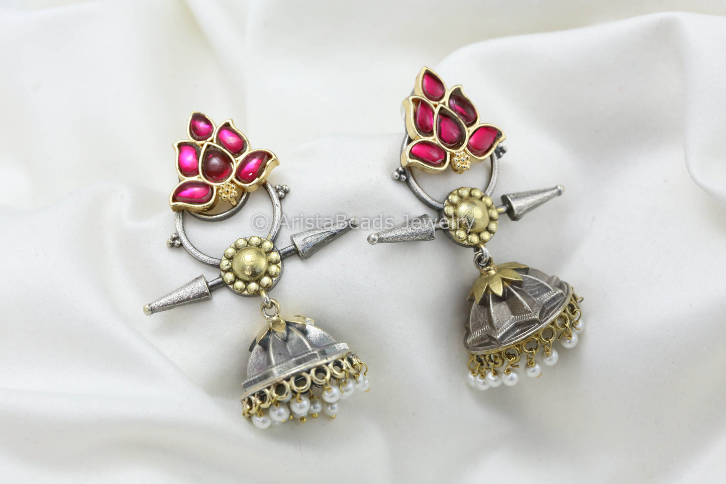 Jadau Kundan Silver Look Fusion Jhumka -Ruby